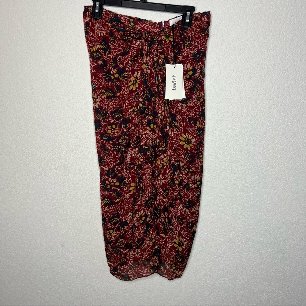 BA&SH Jupe Galia midi skirt Large draped batik floral print Ruffle Career New O8 - Picture 4 of 8